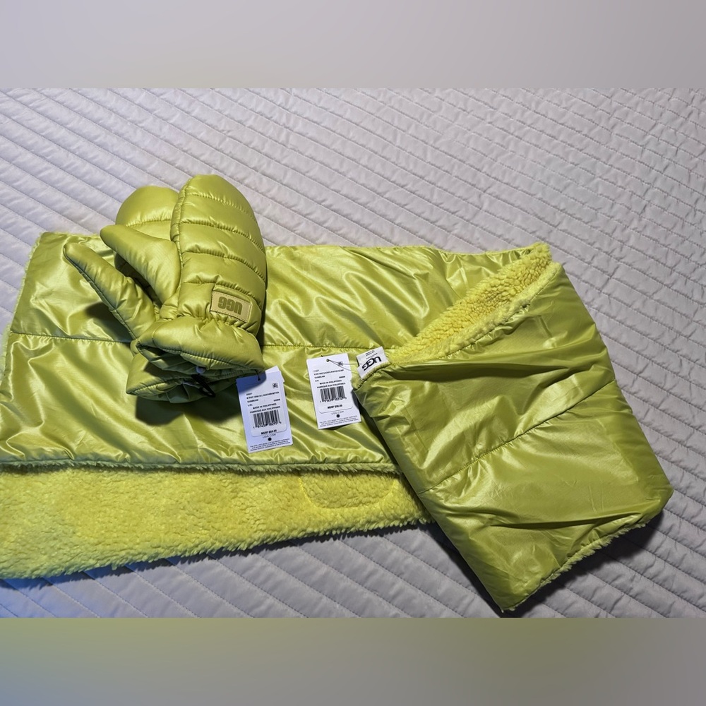 UGG Faux Shearling Puffer Scarf with Matching Puff Yeah All Weather Mittens Set